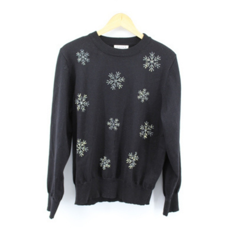 Nanette Lepore Snowflake Rhinestone‎ Sweater XL Womens Black Holiday Christmas